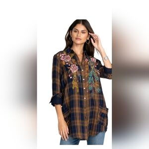 Johnny Was EMBROIDERED Painters Smock Tunic Shirt Medium Cotton Peacock Pockets